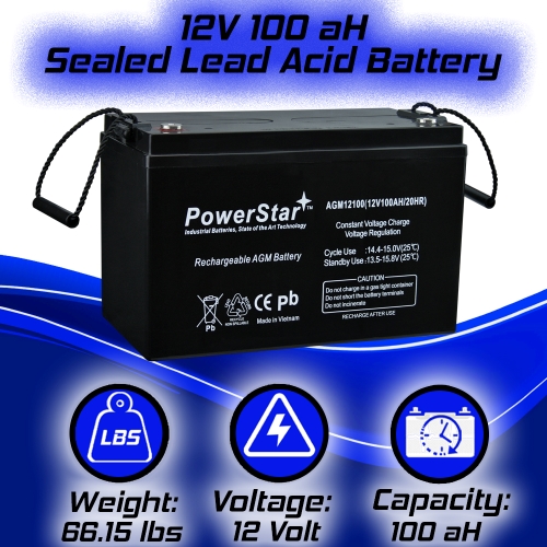 PowerStar Deep Cycle Sealed Lead Acid AGM Battery, 12V 100Ah, Group 27, Rechargeable - For RV, Off-Grid, & Solar Power Applications