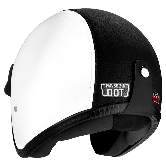 Open Face Motorcycle Helmet with Visor White Leather Black Stripe