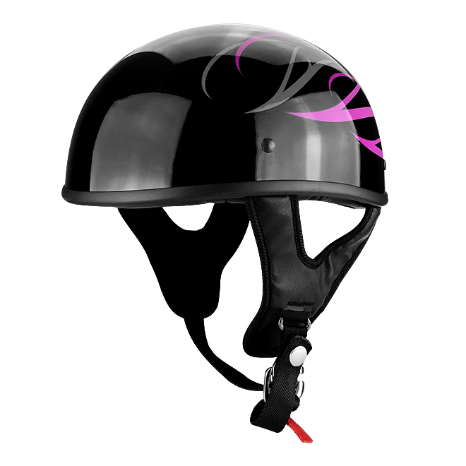 Half Motorcycle Helmet Gloss Black With Pink Tribal Flames