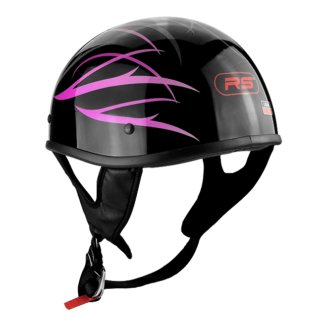 Half Motorcycle Helmet Gloss Black With Pink Tribal Flames