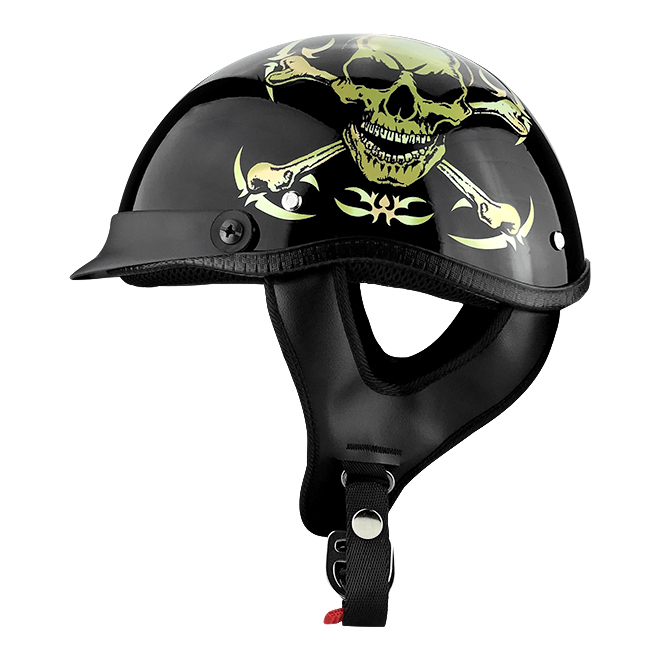 Half Motorcycle Helmet Gloss Black Skull & Bones