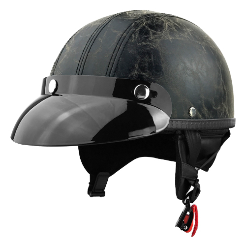 Half Motorcycle Helmet With Visor PU Worn Leather Grey