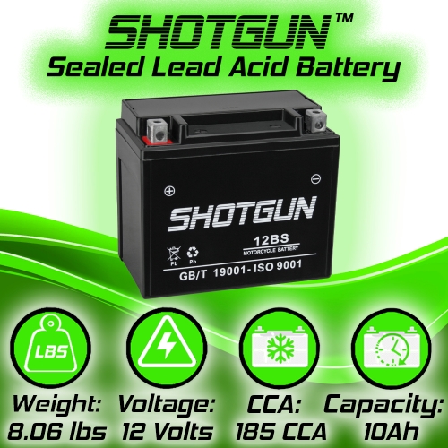 YTX12-BS Shotgun - Maintenance Free - Sealed, Lead-Acid AGM Motorcycle Battery