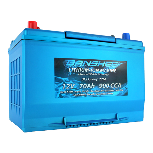 Deep Cycle Lithium-Iron Dual Terminal Battery With Emergency Start, 12V 70Ah 900CCA, Group Size 27, LiFeP04 - For RV, Off-Grid, & Solar Power Applications