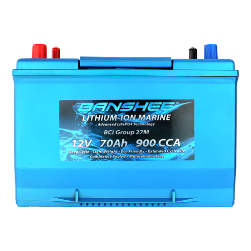 Deep Cycle Lithium-Iron Dual Terminal Battery With Emergency Start, 12V 70Ah 900CCA, Group Size 27, LiFeP04 - For RV, Off-Grid, & Solar Power Applications