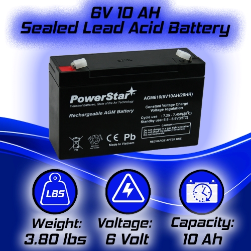 PowerStar® NEW 6V 10AH Sealed Lead Acid (SLA) Battery with F1 Terminal Connectors