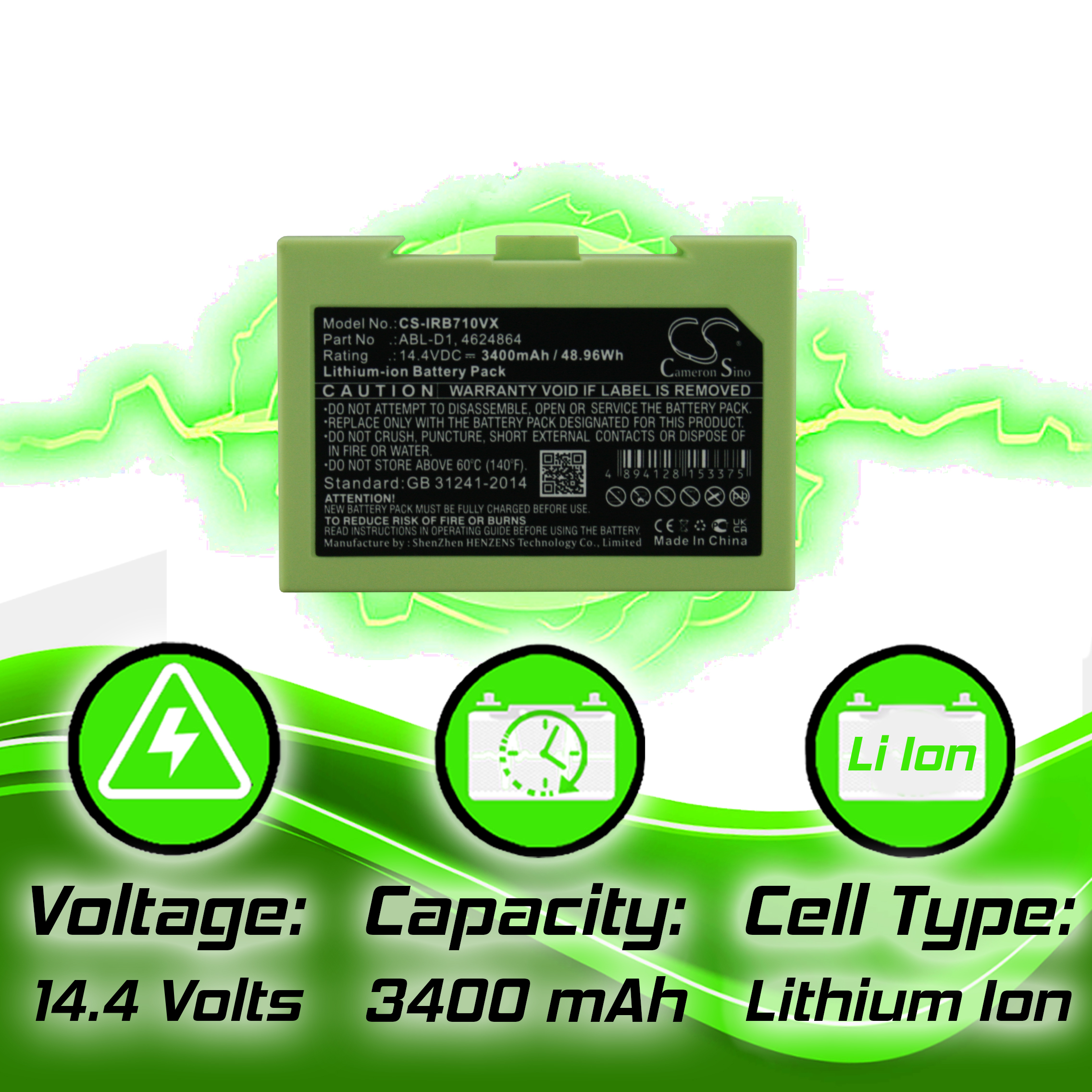  14.4v Li-ion iRobot Roomba Replacement Battery For ABL-D1, 4624864, ABL-D2