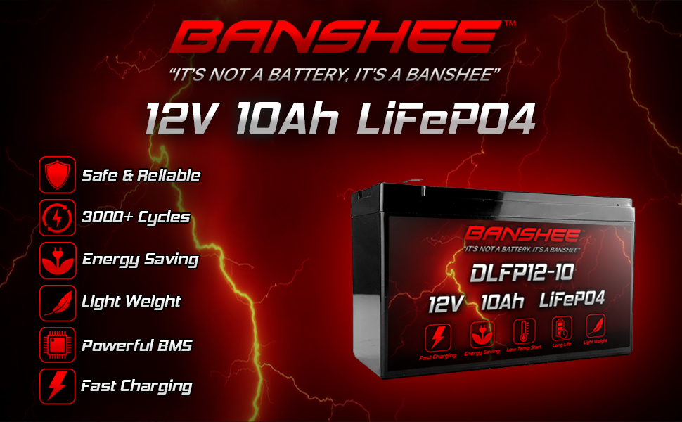 Banshee Batteries 12V 10Ah Lithium Ion LiFePO4 Rechargeable Battery