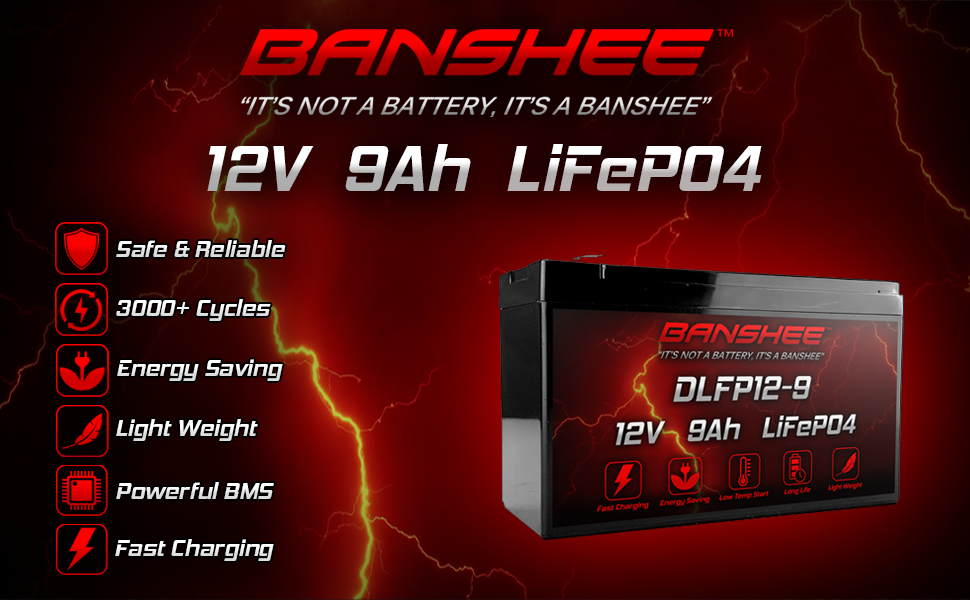Banshee Batteries 12V 9Ah Lithium Ion LiFePO4 Rechargeable Battery