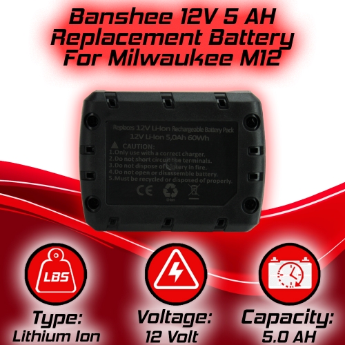 Banshee Upgraded 2 Pack 5.0ah 12V Lithium Ion Batteries Replacement for Milwaukee M 12 Battery Compatible with Milwaukee 12 Volt 48-11-2401 48-11-2402 48-11-2460 48-59-2401 Cordless Power Tools