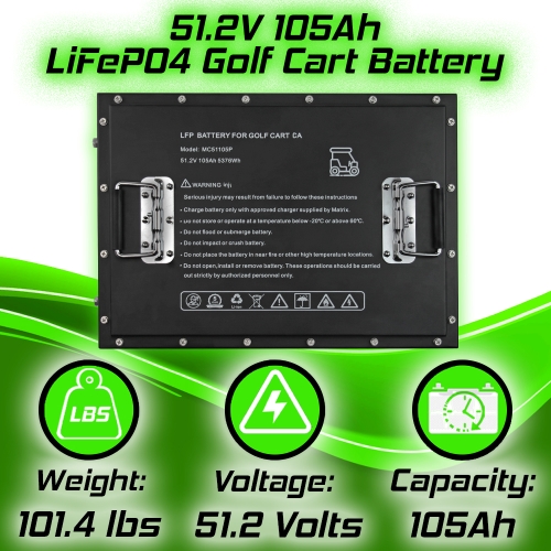 51V 105AH LifePo4 Lithium Battery Replacement for 48V E-Z-GO RXV - 22A Charger Included