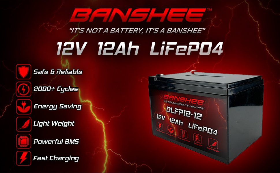 Banshee 12.8V 12Ah Lithium Iron Phosphate LiFePO4 Deep Cycle Battery with Built-in BMS & 3000+ Long Cycle Life Perfect for Kid Scooters, Power Tools, Marine Boats