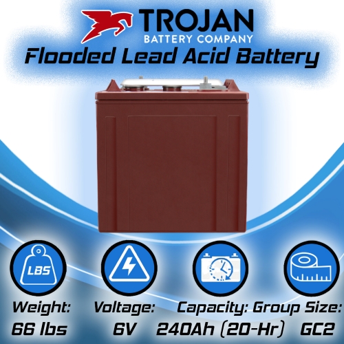 TROJAN T-125  6 VOLT, SIZE GC2, 240AH DEEP CYCLE FLOODED BATTERY OR EQUIVALENT MODEL