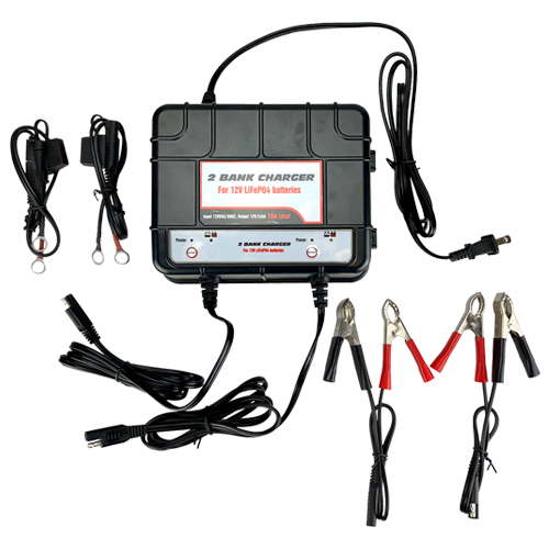 Banshee Lithium LiFePO4 2 Bay 12V 5AMP Battery Charger/Maintainer w/ Alligator Clamps + Eyelet Connectors