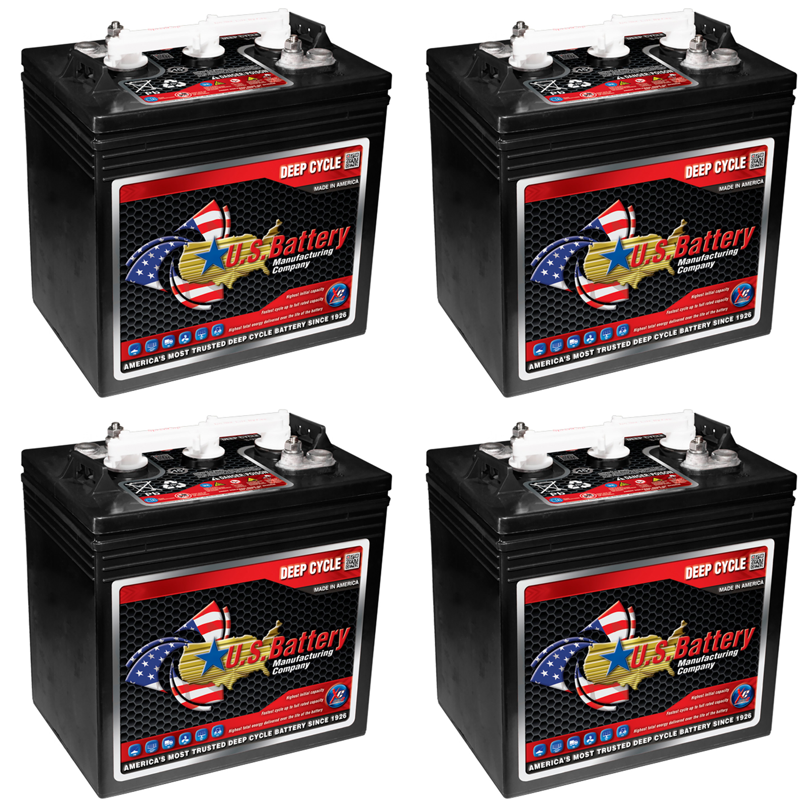 U.S. Battery US1800XC2 6V deep cycle flooded lead-acid battery, GC2 group size, 208Ah capacity � front angle view with red top and terminal posts