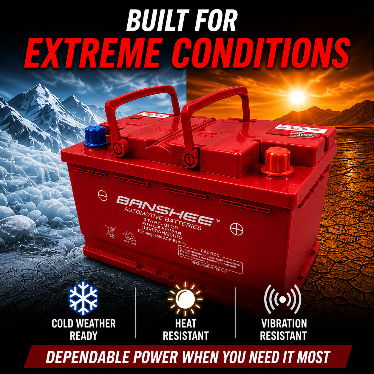 Banshee 94R AGM battery extreme weather performance graphic showing reliable cold weather starting power and durable all-season operation for cars, trucks, SUVs, and start-stop vehicles.
