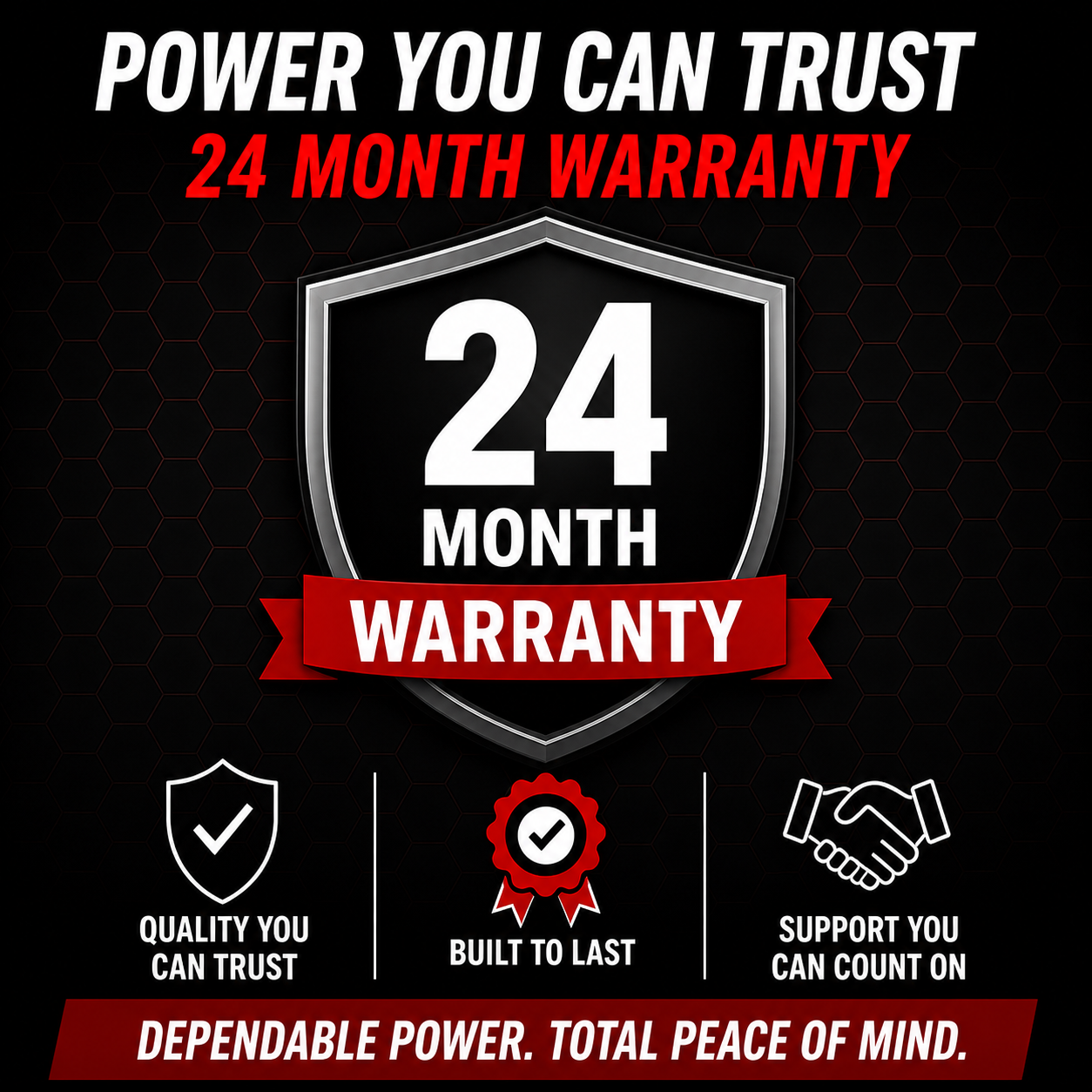 Banshee Group 94R H7 AGM battery warranty graphic highlighting 24 month manufacturer warranty and reliable maintenance-free automotive battery performance.
