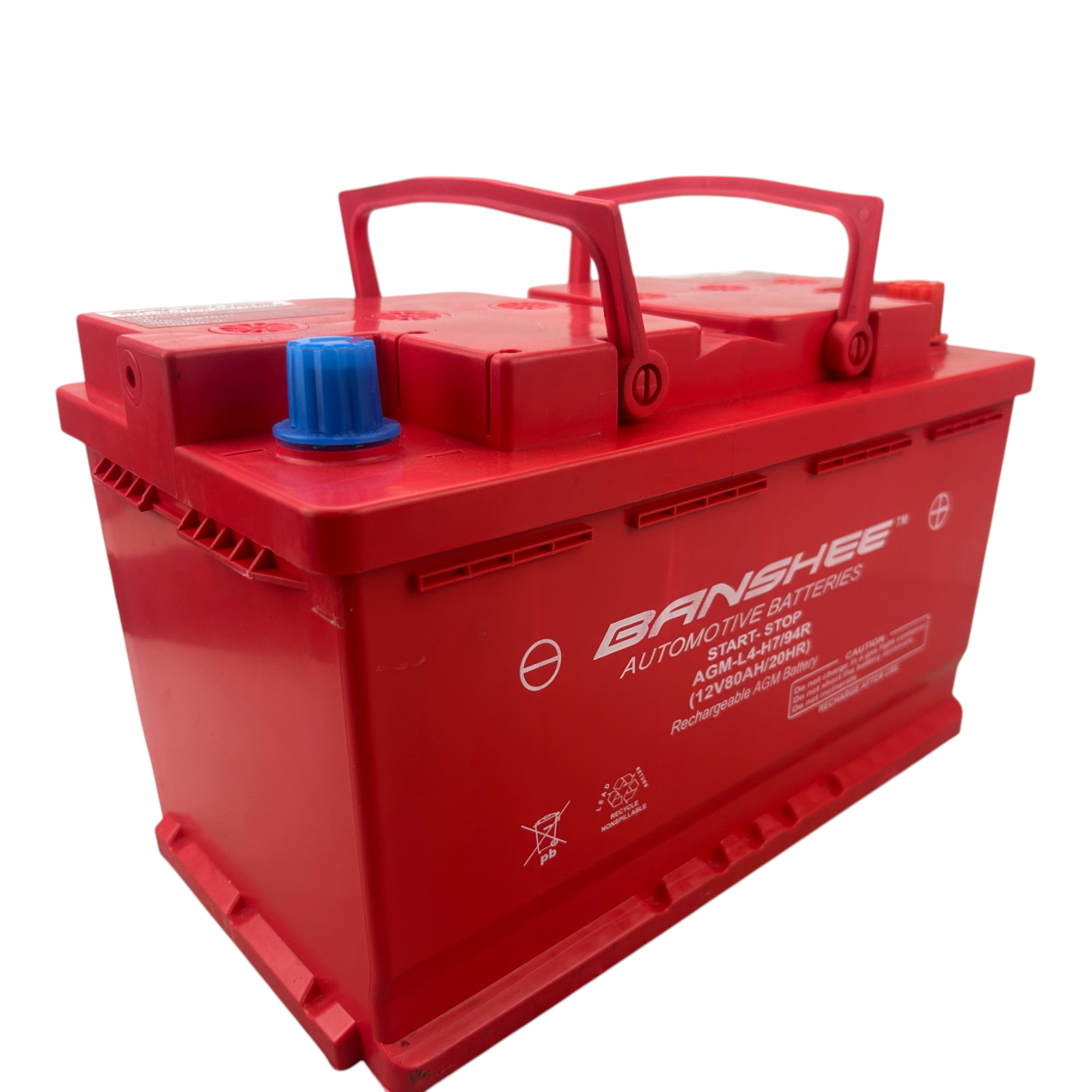 Banshee Group 94R H7 AGM battery angled view showing 12V 80Ah 800 CCA maintenance-free automotive battery for cars, trucks, SUVs, and start-stop vehicles.
